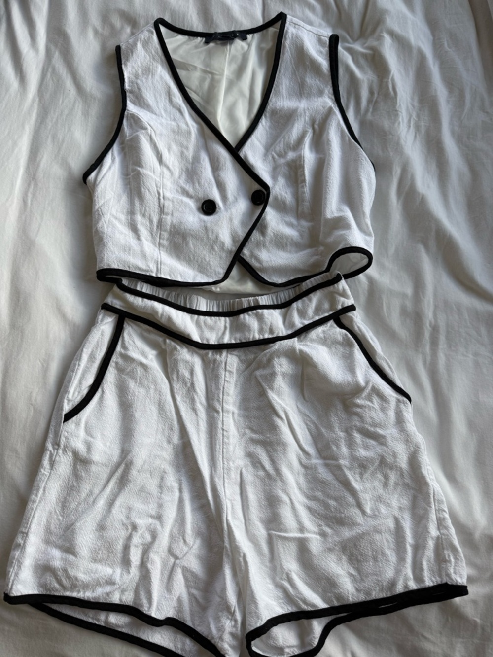 White Sleeveless Crop Top & Shorts Set with Black Trim